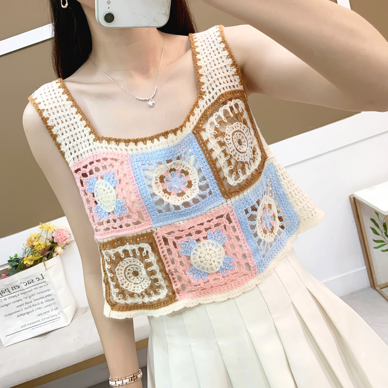 2026春夏季新款复古格子拼色镂空透气针织背心吊带女宽松上衣外穿