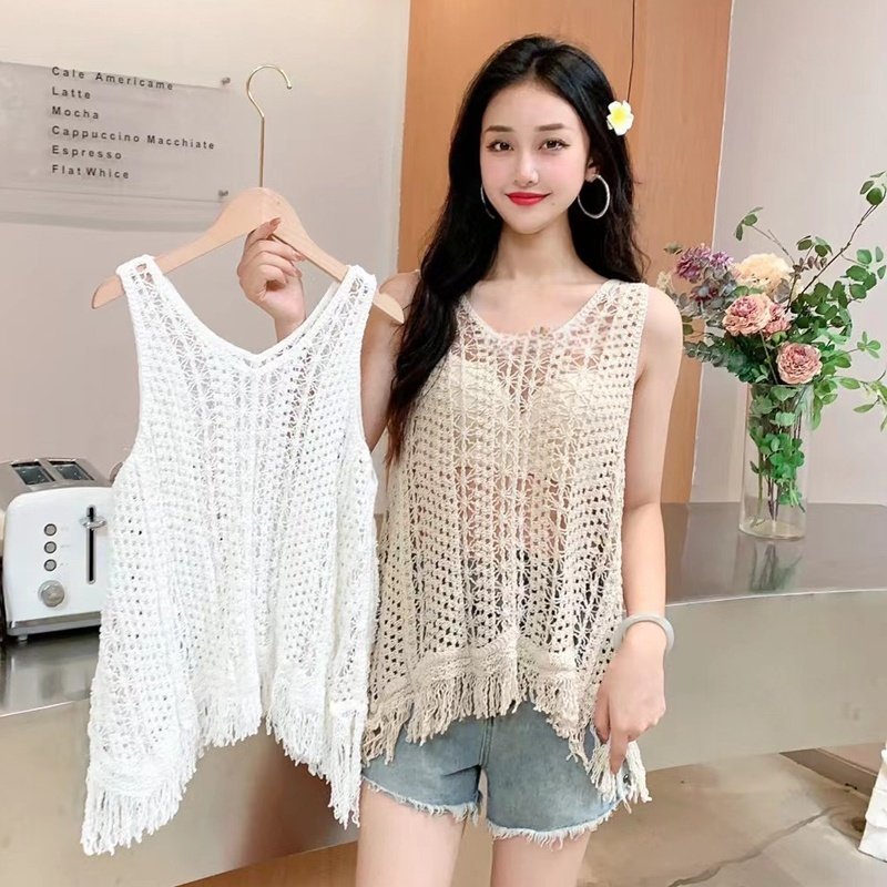 波西米亚民族风吊带背心外搭罩衫针织衫宽松叠穿镂空无袖马夹上衣
