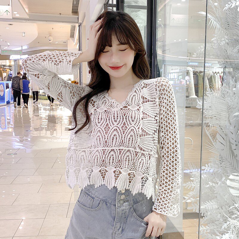 全棉显瘦针织衫女薄款秋季套头百搭吊带外搭圆领镂空绣花长袖外套