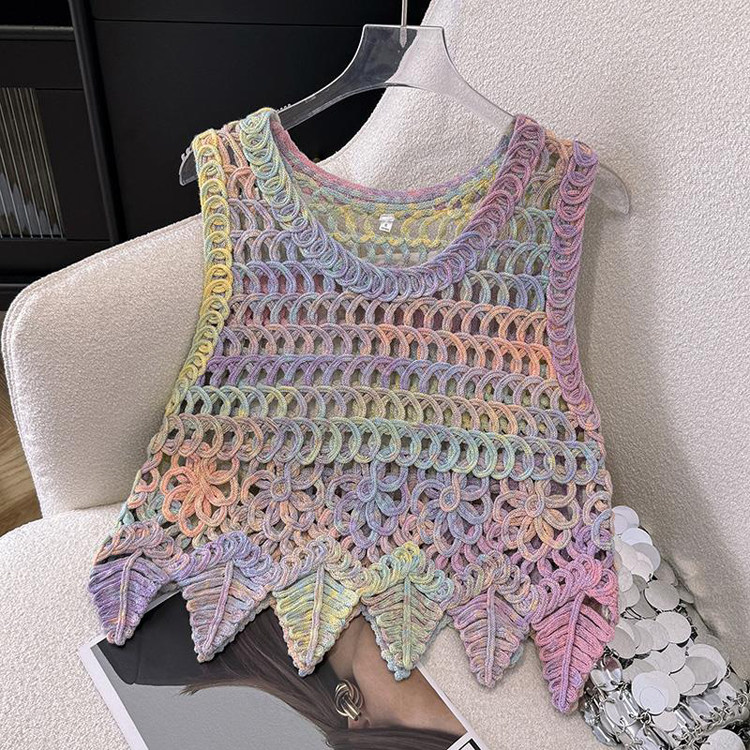 独特别致彩色扎染钩花镂空针织衫女夏高级感韩式吊带背心无袖上衣