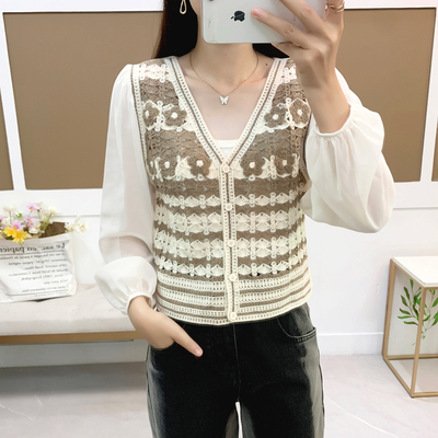 复古镂空钩花拼接雪纺袖衬衫女