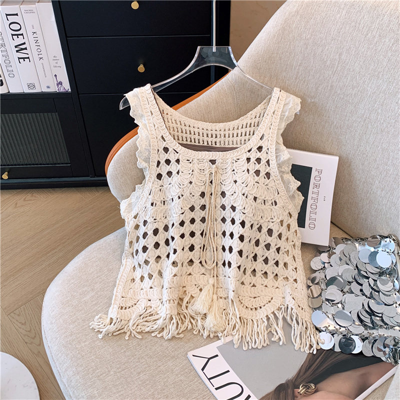 复古镂空钩花流苏针织上衣女夏外搭防晒罩衫无袖背心吊带外穿上衣