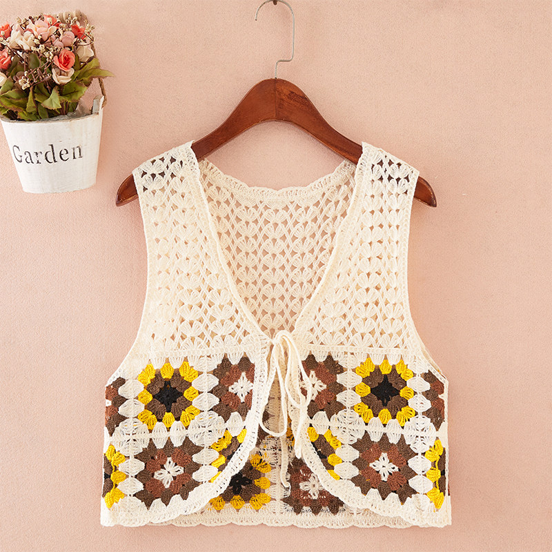 甜美清新绣花叠穿钩花针织背心马甲女春夏镂空外搭系带马夹开衫潮