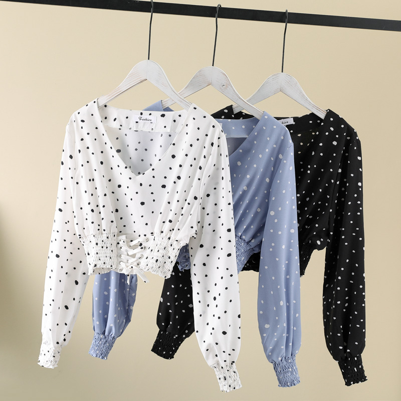 Early Autumn Korean version 2019 new pattern Self cultivation Show thin V-neck Scheming Drawstring Navel have cash less than that is registered in the accounts Dot Versatile shirtin the Women's clothing/Boutique , Shirt  category - from Buy2taobao.com to provide professional Taobao agent buy service