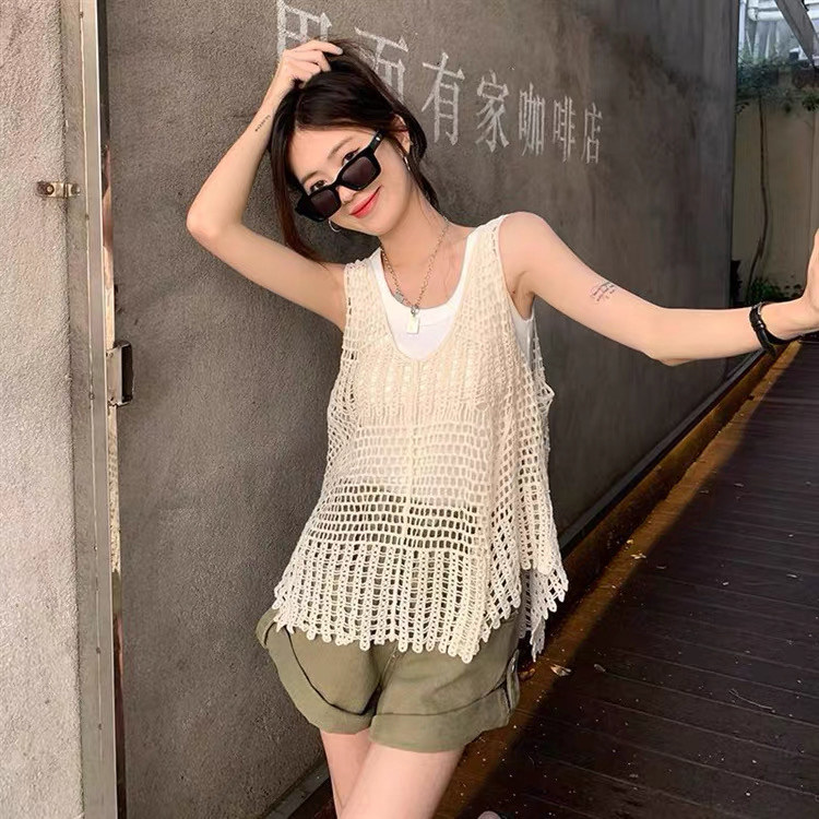 镂空针织背心罩衫吊带女外搭夏季宽松慵懒风小众外穿无袖坎肩上衣
