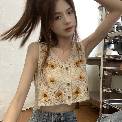镂空背心开衫女小外搭刺绣针织