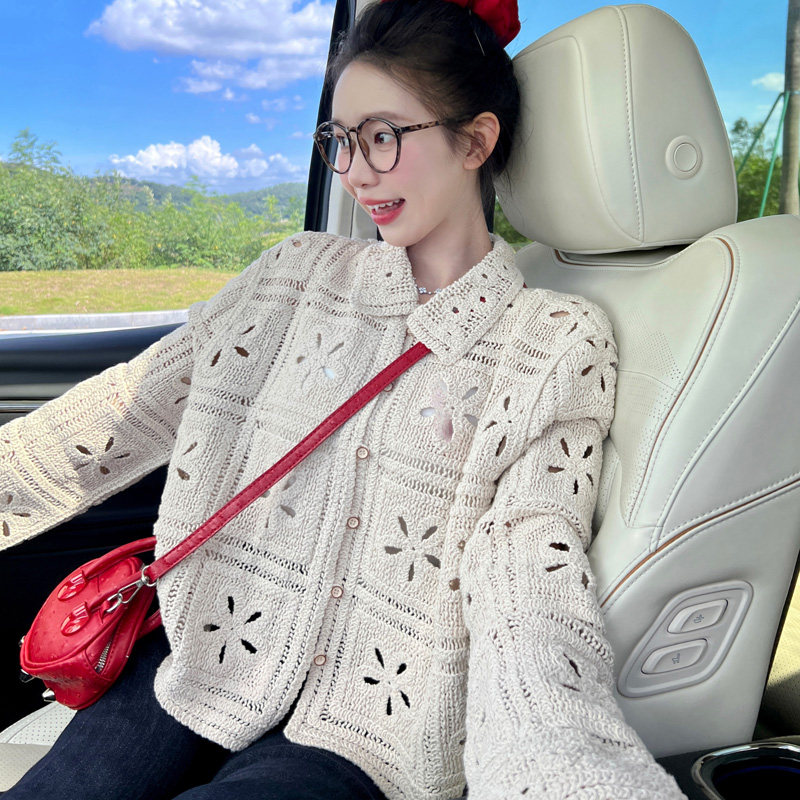 2025小香风提花镂空翻领毛衣女早秋慵懒风显瘦百搭针织开衫上衣潮,女装/女士精品,毛针织衫,淘宝优惠券,粉丝福利购,淘宝优惠卷
