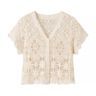 2025夏季勾花镂空短款开衫针织外套女短袖镂空小披肩薄款外穿上衣
