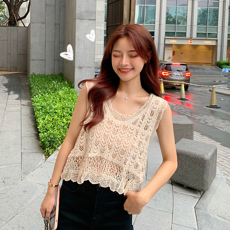 韩国chic法式蕾丝针织小马甲背心女夏季新款宽松百搭短款纯色上衣