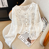 韩版 2026夏季 女纯色新款 蕾丝打底衫 宽松上衣 洋气v领钩花镂空长袖