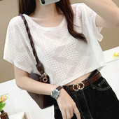 网衫 镂空罩衫 蝙蝠袖 百搭短款 女 T恤套头宽松外搭蕾丝衫 2026夏新款