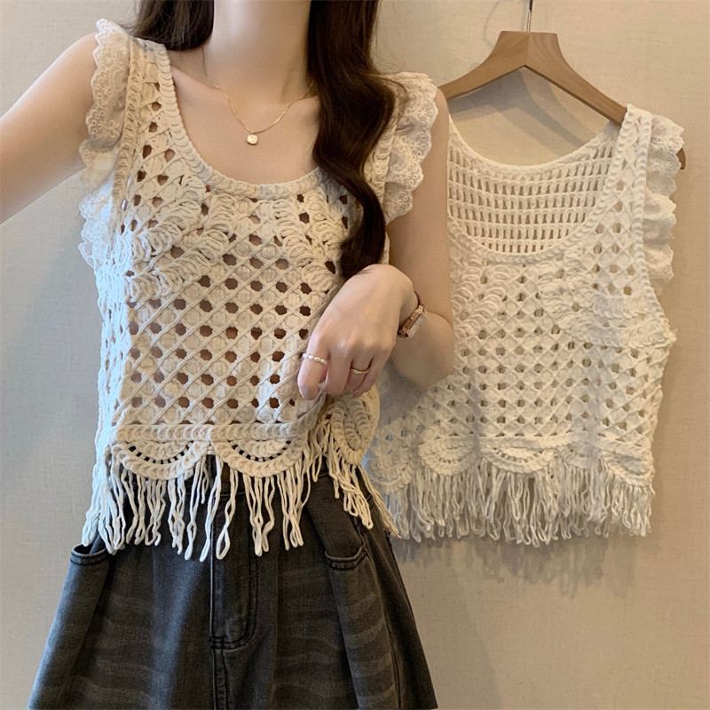 复古流苏镂空钩花背心女2024夏季外穿无袖薄款马甲吊带短款上衣女