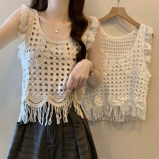 复古流苏镂空钩花背心女2024夏季外穿无袖薄款马甲吊带短款上衣女