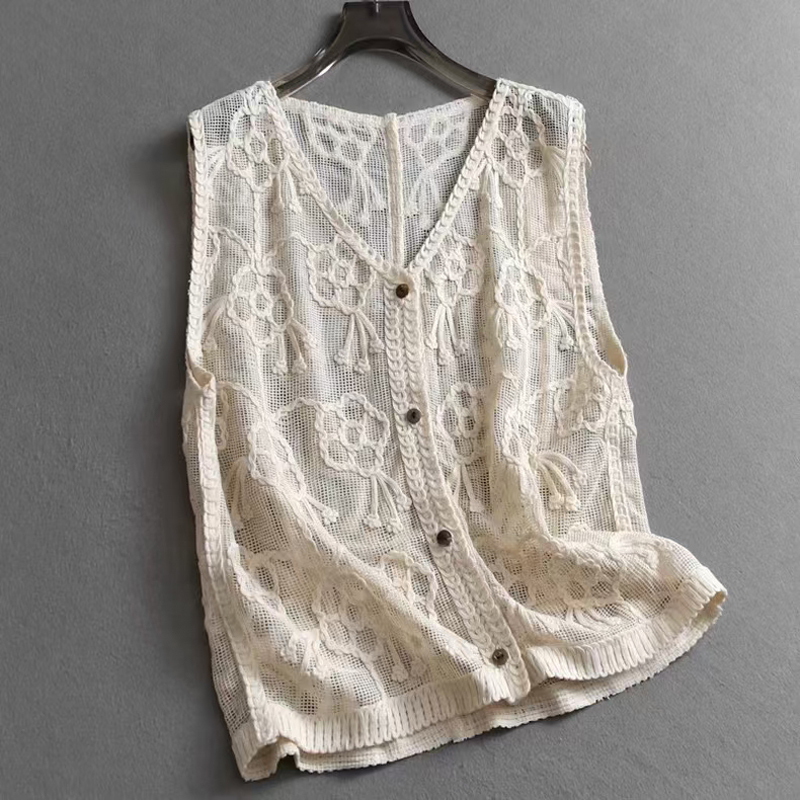 法式新款单件小众刺绣花边吊带背心针织镂空无袖纯色马甲夹上衣女
