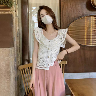 2025新款荷叶边V领镂空钩花蕾丝背心女外穿夏设计感短款无袖上衣