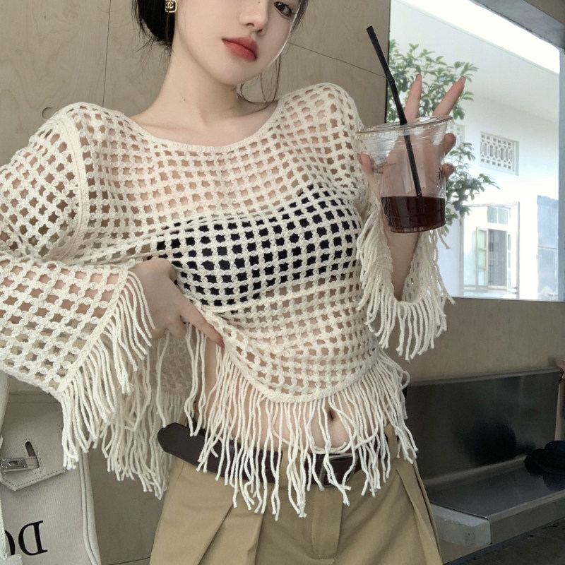 流苏镂空网衫女性感短款上衣t恤