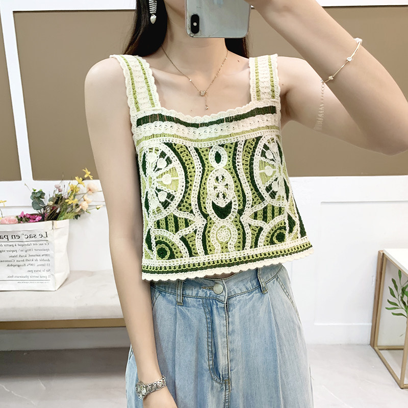 法式别致甜辣小背心女款夏外穿薄款镂空波西米亚短款吊带上衣罩衫