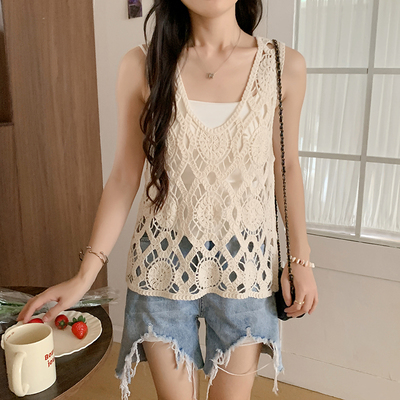 夏季甜美钩花镂空针织吊带马甲