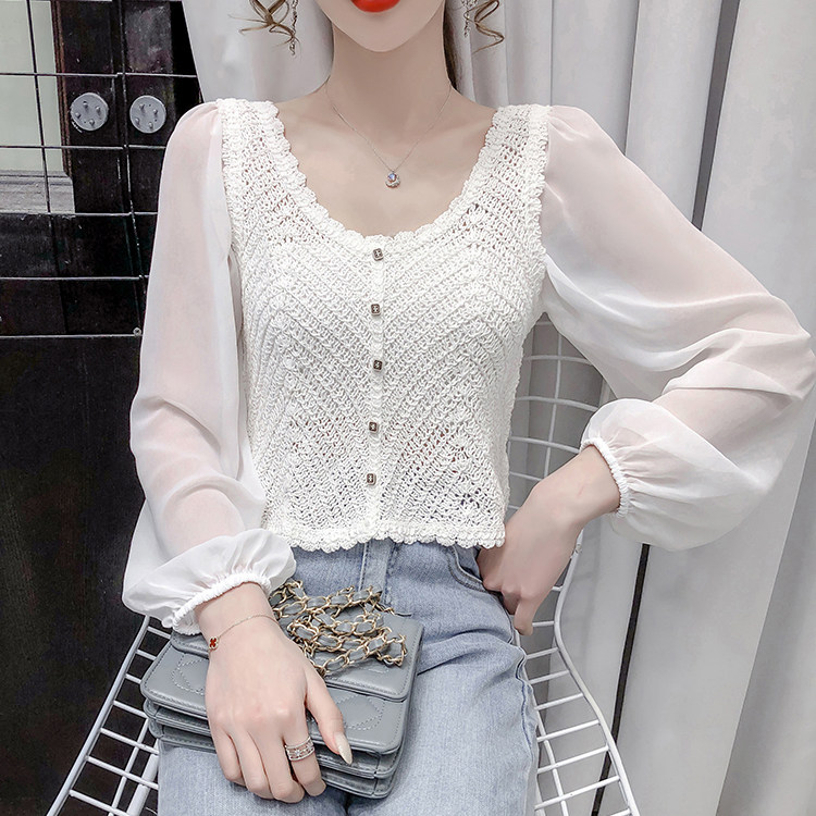 2025早春新款复古法式镂空V领短款小个子显瘦洋气长袖衬衫上衣女
