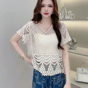法式v领知性优雅上衣针织t恤女装2025夏季小众镂空设计感防晒罩衫