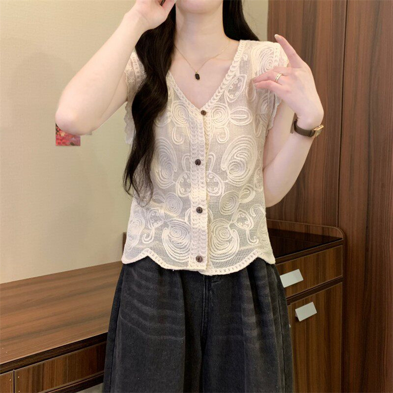 夏季V领镂空钩花蕾丝无袖T恤女
