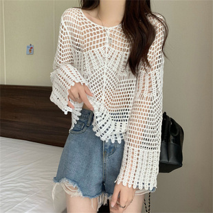 宽松洋气短款 镂空针织衫 泳衣罩衫 外搭薄款 沙滩上衣 女2025早秋长袖