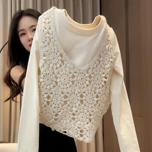 韩系温柔风镂空钩花纯棉背心薄款 百搭马甲女小众设计感上衣 短袖