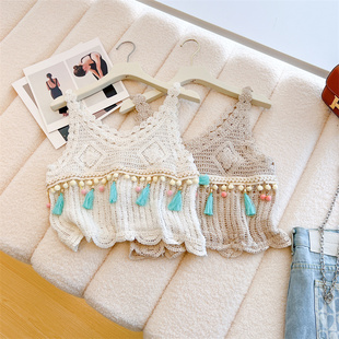 复古波西米亚风新款编带针织钩花镂空马甲背心流苏小罩衫无袖上衣