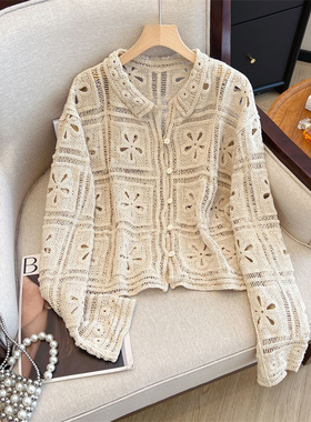 设计感钩花镂空小个子长袖针织开衫女2025新款外搭宽松小个子上衣
