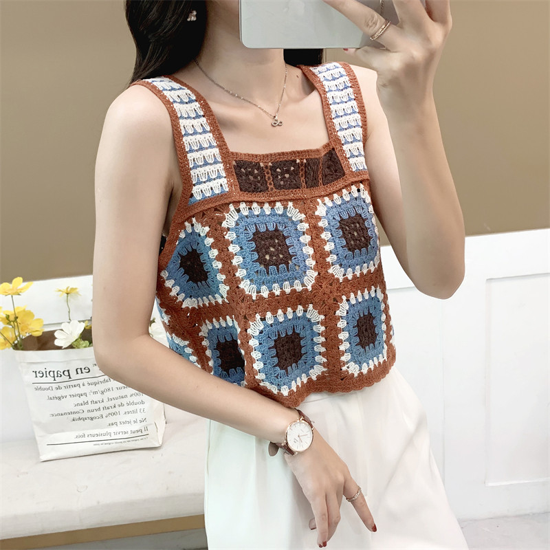 2025春夏新款复古民族风针织钩花镂空吊带宽松马甲百搭背心上衣女