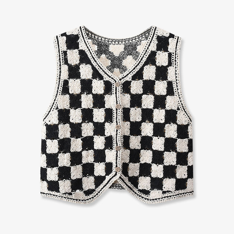 复古镂空棋盘格毛巾绣马甲女短开衫格子背心2025春夏无袖坎肩外穿