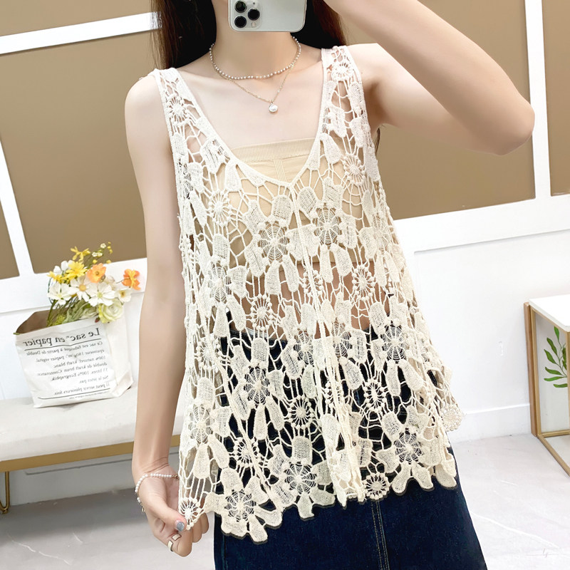 2025春夏季新品蕾丝镂空马夹女宽松复古文艺显瘦百搭无袖纯棉背心