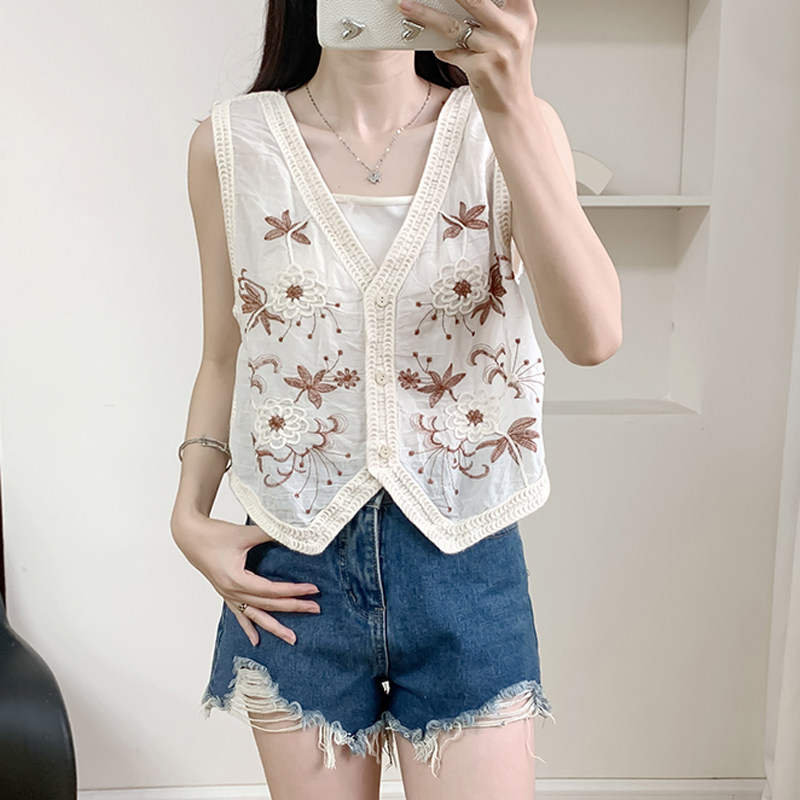 法式复古刺绣马甲背心女夏季薄款小个子叠穿V领坎肩无袖马甲上衣