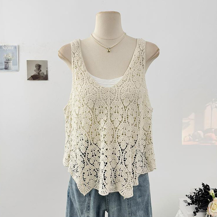 甜美少女感镂空无袖吊带背心春季2025度假风薄款V领叠穿罩衫上衣