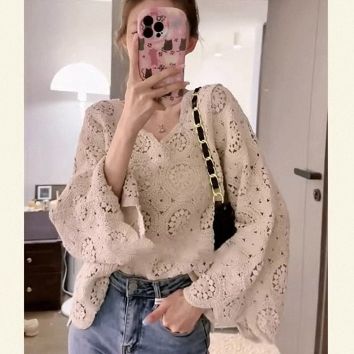 波西米亚风小众针织衫女长袖宽松设计感钩花镂空上衣套头防晒罩衫