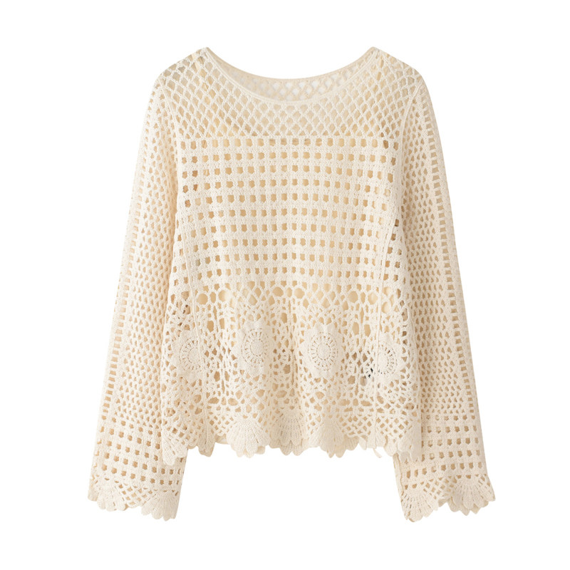 2025早秋新款百搭刺绣针织罩衫女短款宽松防晒衣网格镂空钩花上衣