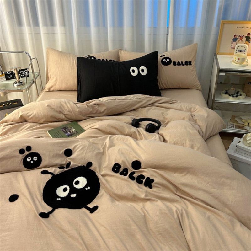 ins水洗棉毛巾绣煤球四件套少女心被套床单人学生三件套4床上用品