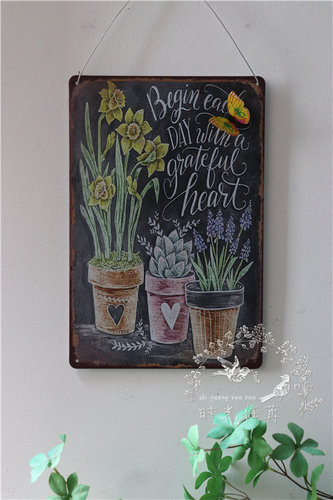 多款 复古仿旧黑板印刷咖啡花卉画版铁皮画 花园庭院阳台墙面装饰