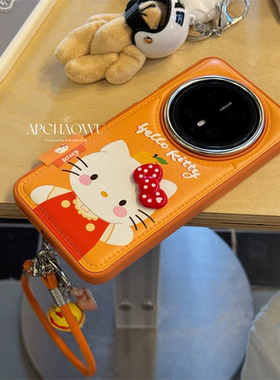 可爱橙色气垫皮纹立体蝴蝶结kt猫手绳适用mate70pro华为手机壳pura70/80pro创意60pro+防摔套mate60pro女款