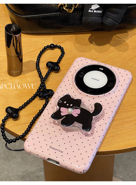 日韩ins粉色小波点猫咪支架链条适用mate60pro华为手机壳mate50/40菲林硬壳pura70创意nova12/11女款mate70
