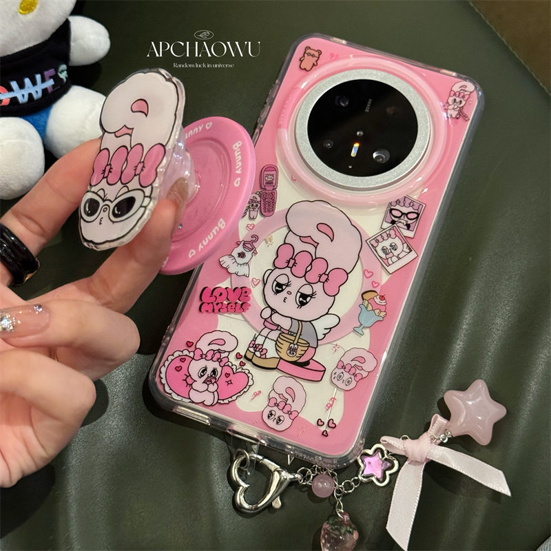 可爱双层粉色兔子电话机磁吸支架适用mate70pro华为手机壳mate60pro全包pura70/80pro防摔套60pro+女款