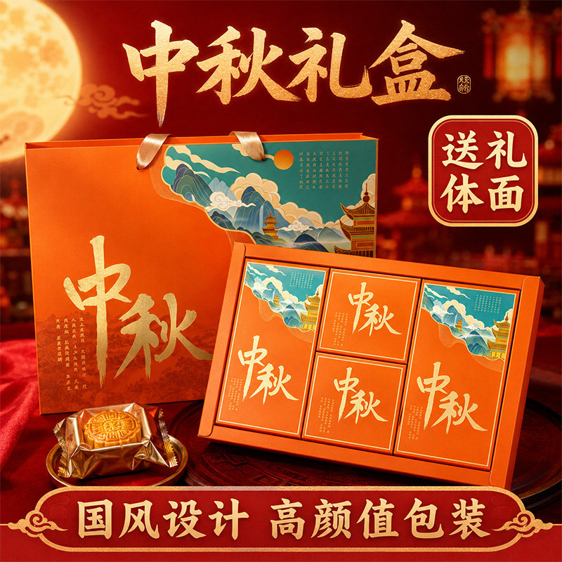 广州金尊月饼七星伴月中秋礼盒装广式风味五仁莲蓉伴手礼送手提袋