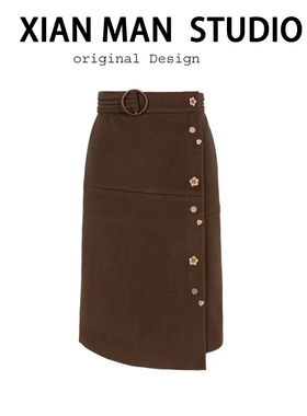 复古美拉德半身裙冬新款设计感高腰文艺韩系中长直筒a字包臀裙厚