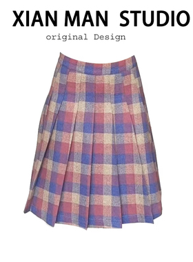 学院文艺风拼色格纹A字半裙新款显瘦百搭休闲百褶半身裙气质中裙