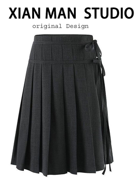 日系学院风深灰色蝴蝶结系带半身裙秋冬少女感修身百褶裙中长裙子