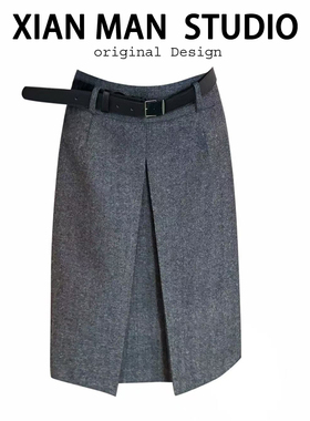 韩系时尚通勤简约百搭毛呢半身裙女秋冬季高腰显瘦浅灰色开叉中裙
