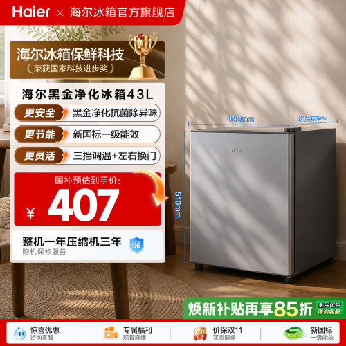 海尔43升星辉银一级节能黑金净化三档可调左右换门租房专用小冰箱