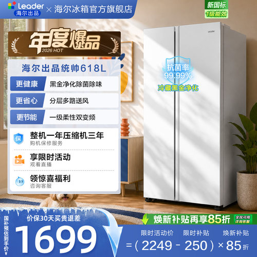 国家补贴海尔出品统帅618L双开对开门大容量无霜一级变频家用冰箱