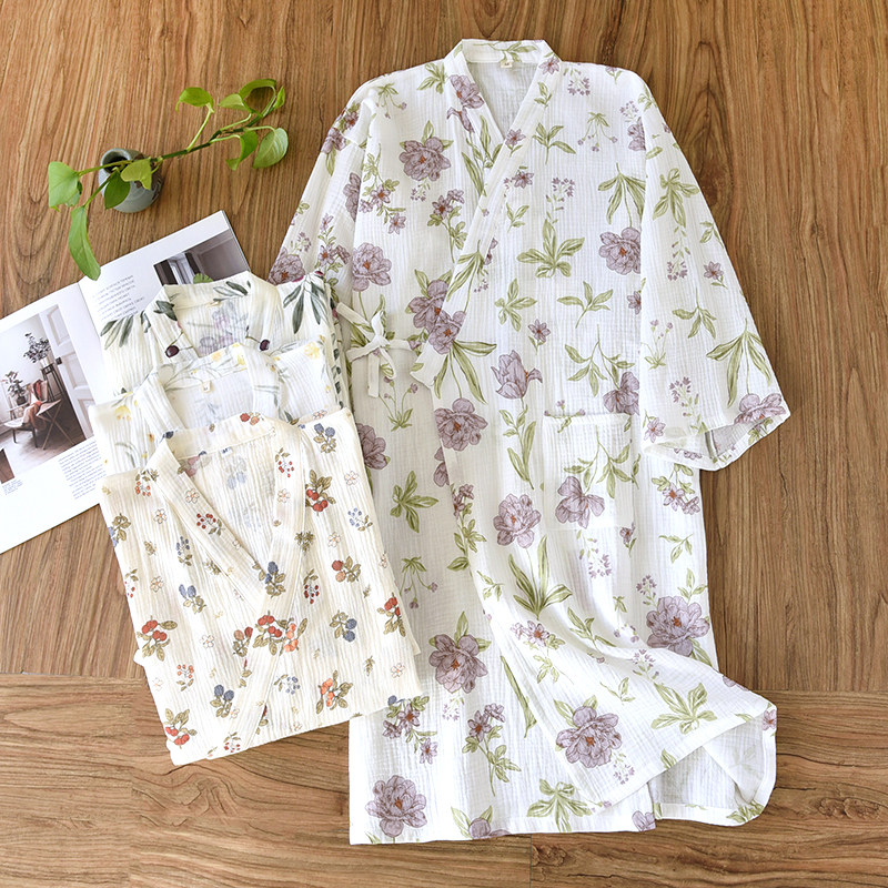 全棉纱布绉布睡袍和服浴袍女春秋夏季纯棉纱布双层薄款家居服睡衣