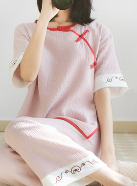 中国风睡衣套女纯棉纱布